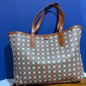 FOSSIL Sydney Signature Large Tote Bag Shoulder Purse Pink Brown Leather 16”x12”